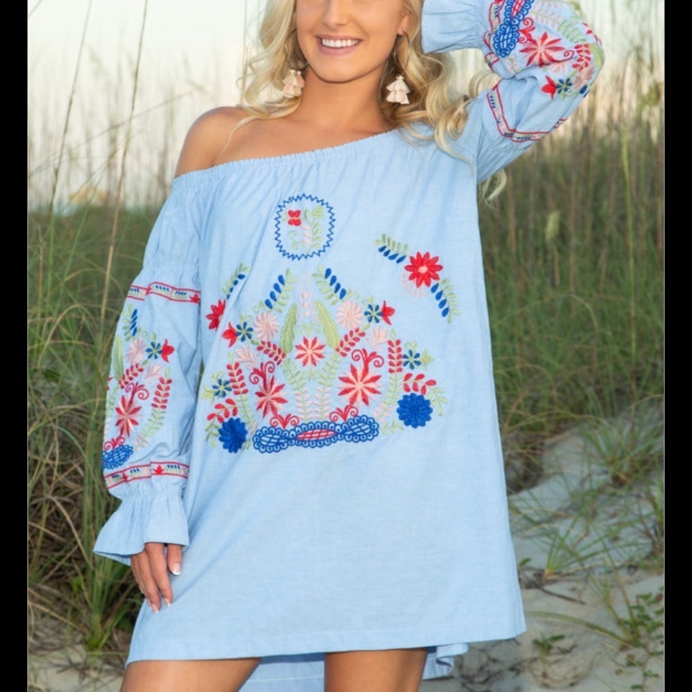 Ellison Sz L boho embroidered off the shoulder dress cotton Sz L
